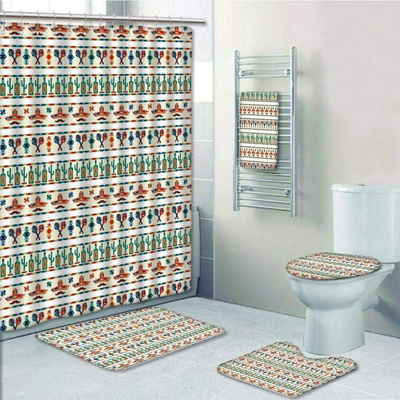 EREHome Mexican Latin American Cultural Borders Indigenous Saguaro Sombrero Tequila Bottle 5 Piece Bathroom Set Shower Curtain Bath Towel Bath Rug Contour Mat and Toilet Lid Cover