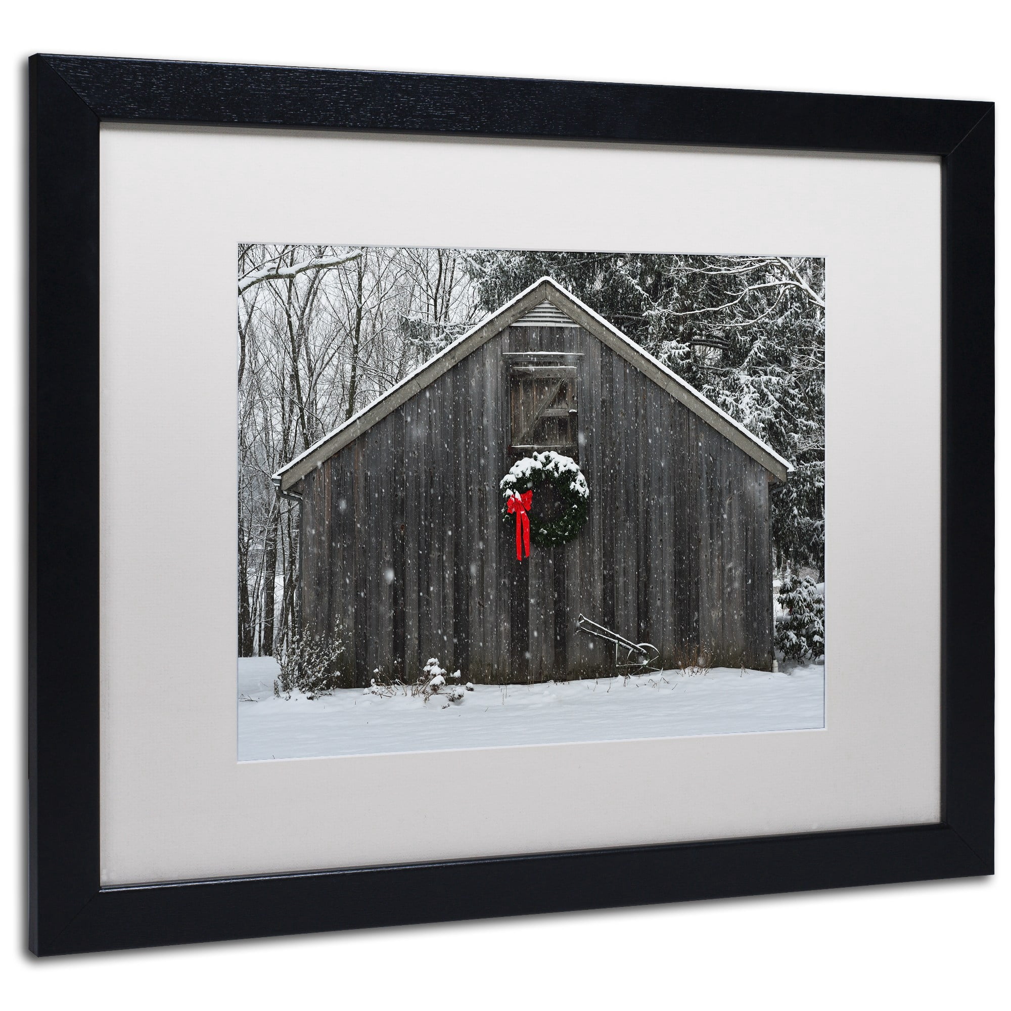Trademark Fine Art "Christmas Barn in the Snow" Canvas Art by Kurt Shaffer White Matte, Wood Frame