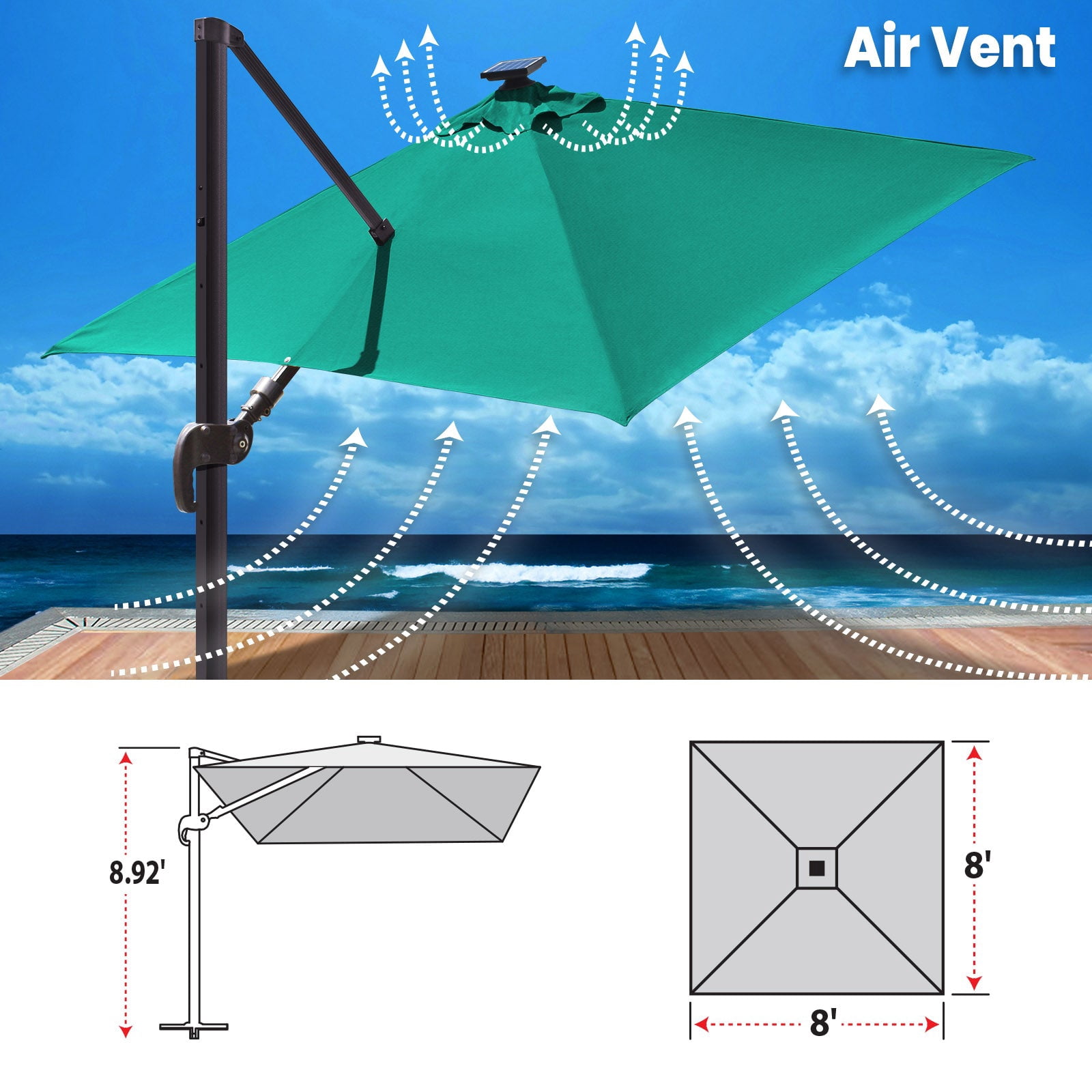 SUNNYOUTDOOR 8'x8' Sunbrella Cover Umbrella Deluxe Cantilever Umbrella Outdoor Garden Patio Umbrella (Teal)