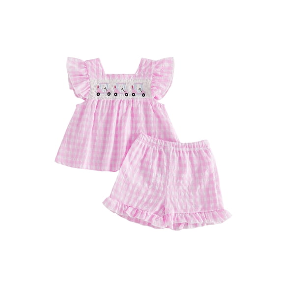 BemeyourBBs Toddler Baby Girls Golf Outfit Little Baby Girls Summer Clothes Cute Golf Cart Embroidery Flying Sleeve Plaid Smocked Shirt Tops with Shorts 2Pcs Set