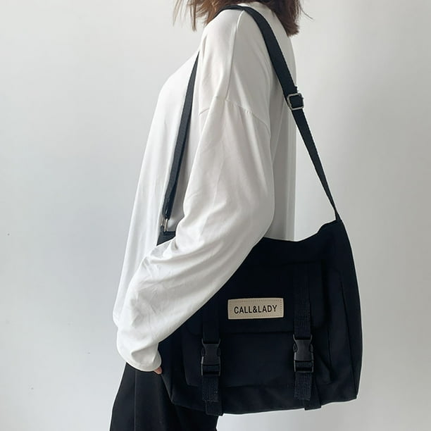 Peggybuy Japanese Nylon Messenger Bag Pure Large Waterproof Shoulder Bag Black