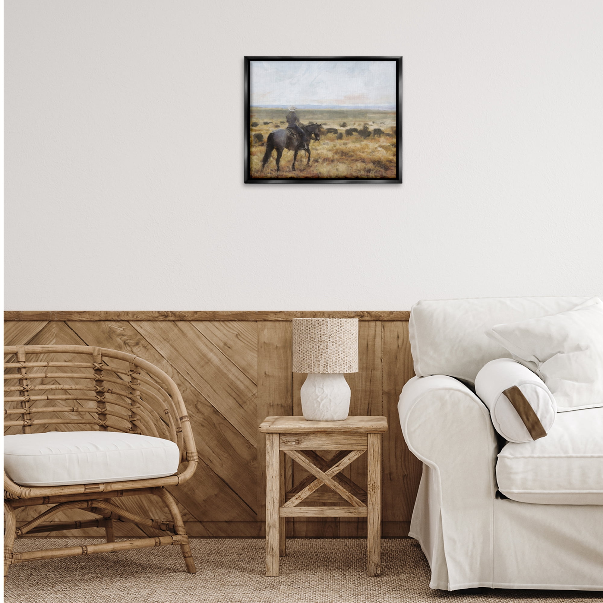 Stupell Industries On The Range Cowboy Landscape Painting Black Floater Framed Canvas Art Print Wall Art, 21 x 17