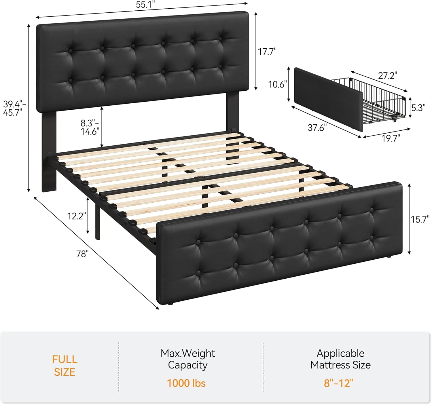 Memoryfield Full Size Bed Frame with 4 Storage Drawers and Headboard, Faux Leather Upholstered Platform Bed Frame with Wooden Slats Support, No Box Spring Needed, Black
