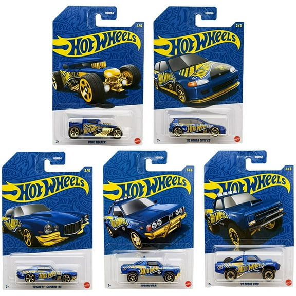 Mattel - Hot Wheels Blue & Gold 2025 58th Anniversary - SET OF 5 [Brat, D100, Civic, Camaro  1]
