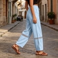 thumbnail image 5 of cocolona Womens Summer Lace Hollow Out Linen Pants Elastic Waist Straight Wide Leg Vacation Beach Trousers with Pocket, 5 of 5