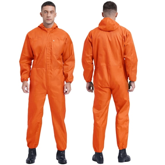 renvena Men's Work Overalls One Piece Mechanics Workwear Long Sleeves Front Half Zipper Jumpsuit Orange M/165