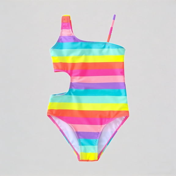 REDARER Girls' One-Piece Swimsuit – Rainbow Stripes Cutout Waist Detail, Cute Kids' Beach Bathing Suit,110