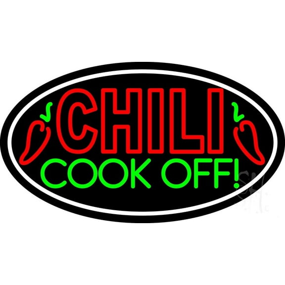 Chili Cook Off Oval LED Neon Sign 13 x 24 - inches, Clear Edge Cut Acrylic Backing, with Dimmer - Bright and Premium built indoor LED Neon Sign for restaurant window and interior decor.