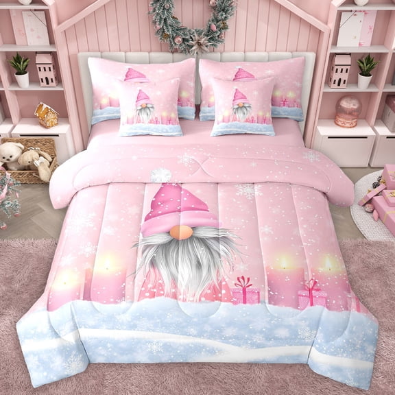 Homewish Girly Pink Gnome Twin Bedding Sets 7-Piece for Teens, Winter Xmas Snowflake Bedding Comforter Set, Dreamy Christmas Theme Reversible Sheet Sets, Breathable Home Decor