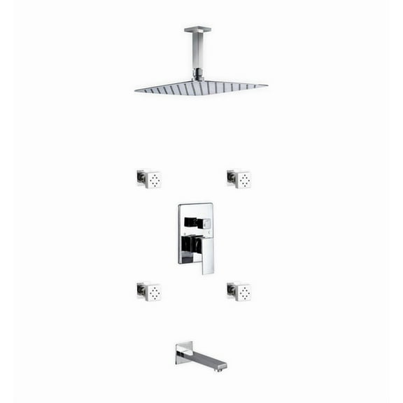 Aqua Piazza Brass Shower Set with 12" Ceiling Mount Square Rain Shower, Tub Filler and 4 Body Jets