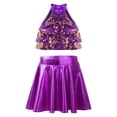 thumbnail image 2 of TiaoBug Kids Girls 2 Piece Hip Hop Latin Jazz Dance Outfit Sequin Sleeveless Crop Top with Metallic Skirt Set Purple 8, 2 of 7
