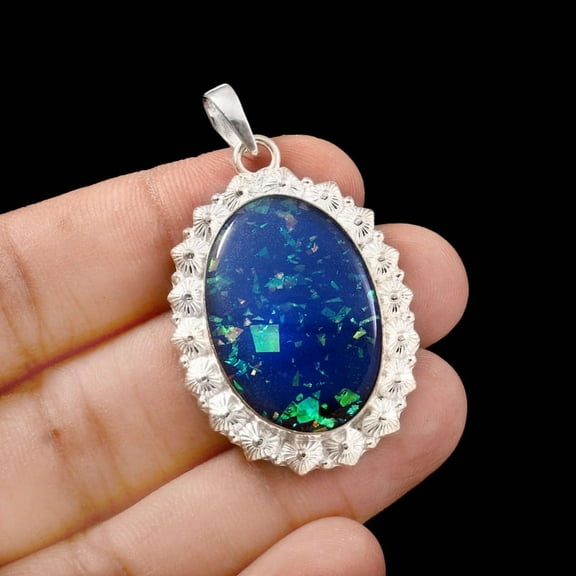 Owais Gems And Jewelry Attractive 57 Carat Triplet Opal Oval Shape Silver Handmade Gemstone Women's Chain Adult's Pendant…