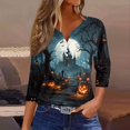thumbnail image 5 of Halloween Shirts for Women Funny 3/4 Sleeve Tops Horror Pumpkin Castle Printed Pullover Spooky Button V Neck T Shirts Holiday Three Quarter Length Blouses, M, 5 of 6