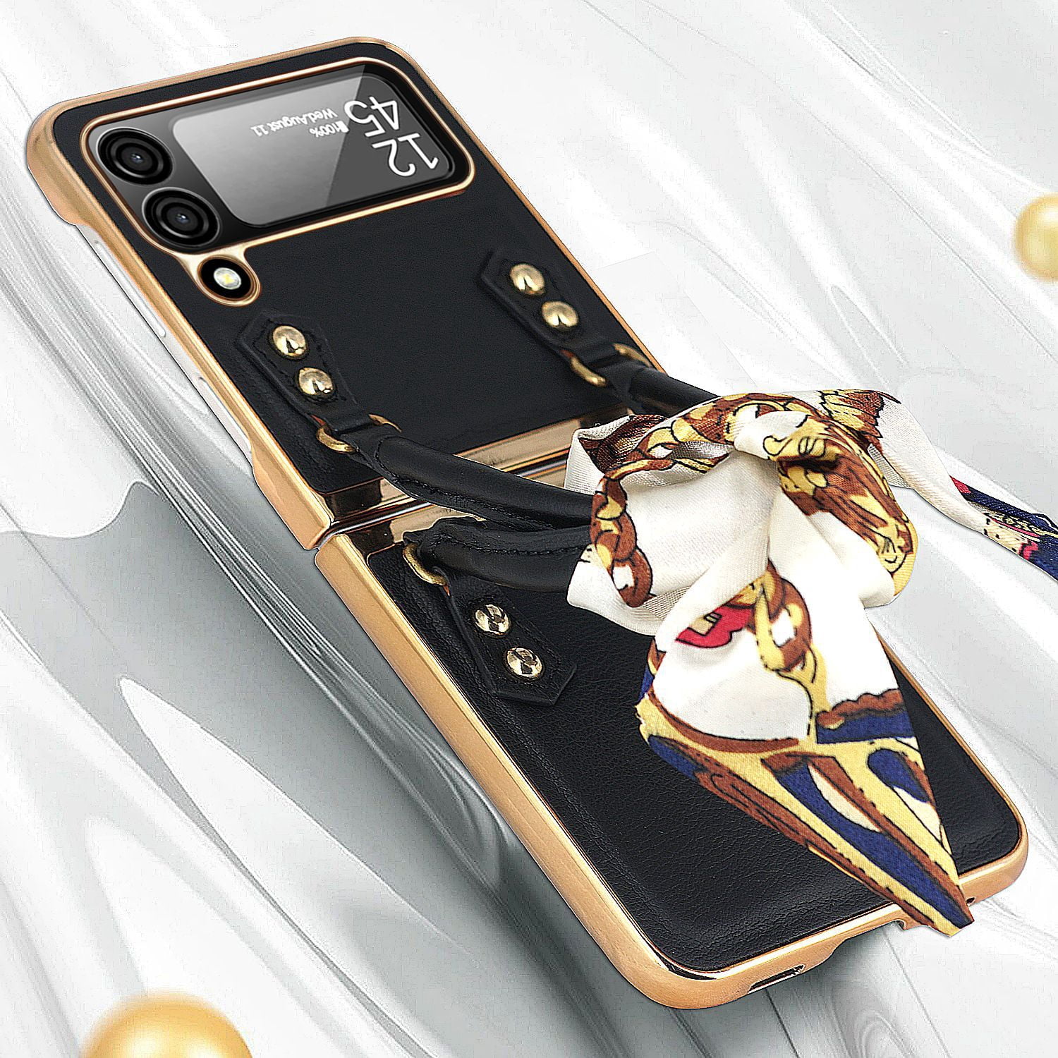 Elegant classic leather folding phone case for Samsung Galaxy Z Flip 4 with silk scarf portable hand holder plating back cover