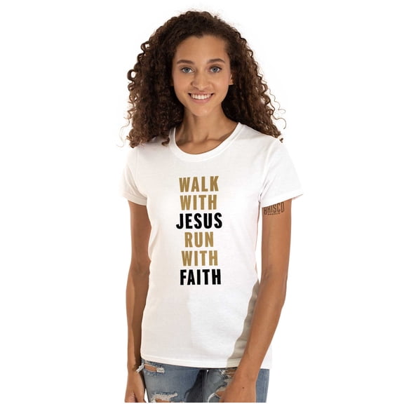 Walk With Jesus Christ Run Religious Womens Slim Fit Graphic Tee Brisco Brands S