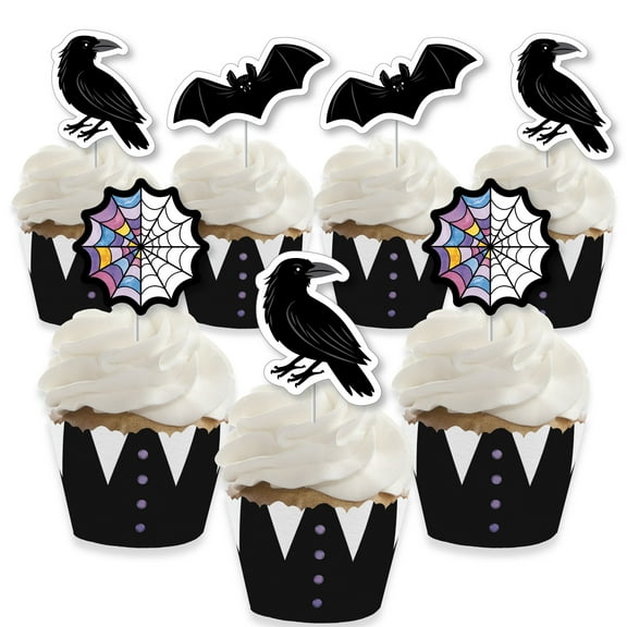 Big Dot of Happiness Goth Girl Cupcake Decoration Kit, Black & Purple Halloween or Gothic Birthday Party Cupcake Wrappers and Treat Picks - Set of 24
