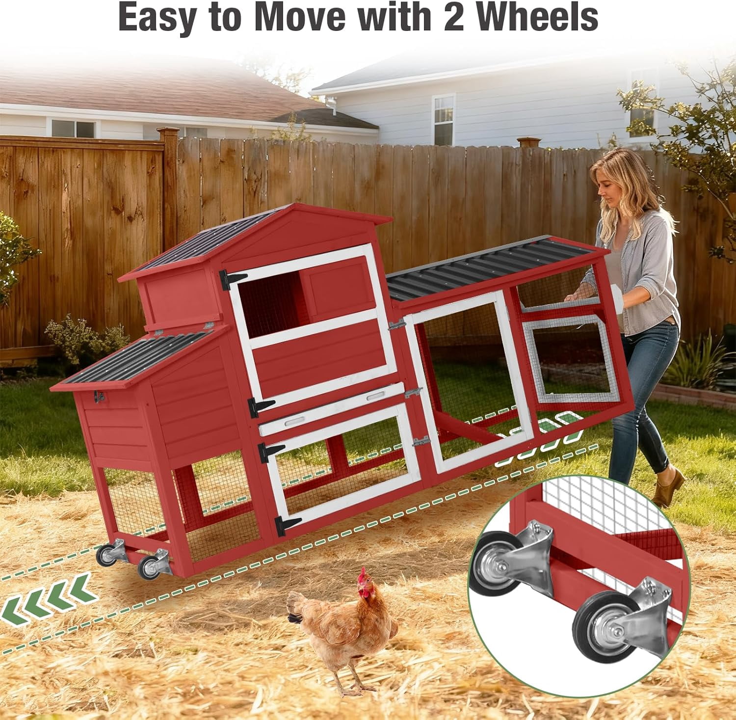 Aivituvin 83" Large Chicken Coop for 4-6 Chickens, Mobile Hen House Outdoor Wooden Poultry Cage with Wheels Nesting Box Run, Red