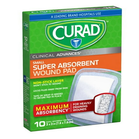 Curad Clinical Advances Super Absorbent Wound Pads 3inc x 3inc, Small, 10 Ea, 2 Pack