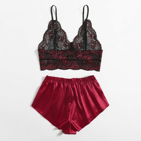 Women s Lingerie  Lingerie for Women Plus Size  Sexy Lace Lingerie Set for Women Silk Pajamas Sleep & Lounge  Naughty Thong  Sling Top and Shorts Pajama Set Soft  Red(XL)