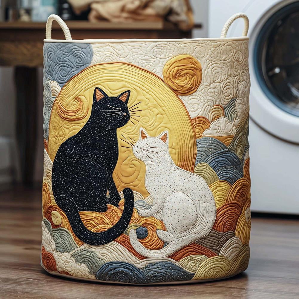 Quilted Laundry Basket with Handles, Boho Floral Fabric Storage Hamper, Large Soft Quilted Laundry Basket for Nursery, Bedroom, Laundry Room,Clothes & Toys (Cat Pattern A, S)