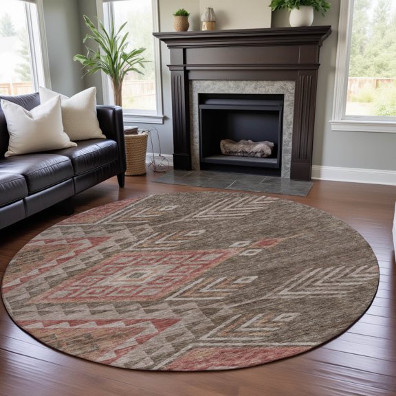 Addison Rugs Mayfield Premium Machine Washable Transitional Global Brown Round Rug, 8' x 8'