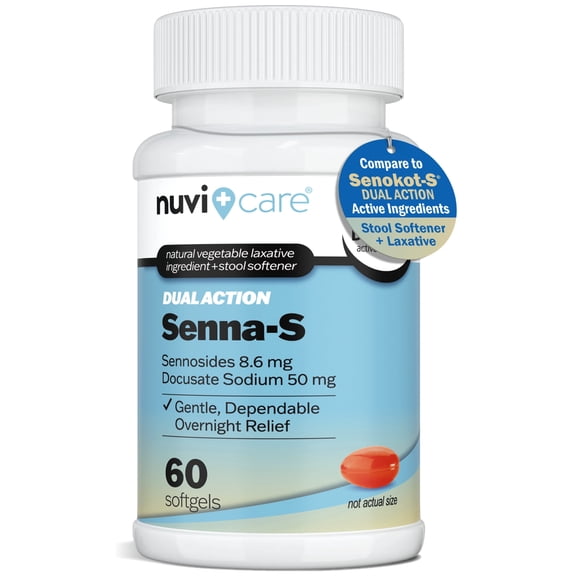 NUVICARE Senna-S – Docusate Sodium (50mg) Stool Softener with Stimulant Laxative Sennosides (8.6mg) – Compare to – Fast-Acting Occasional Constipation Relief for Women and Men (60 Softgels)