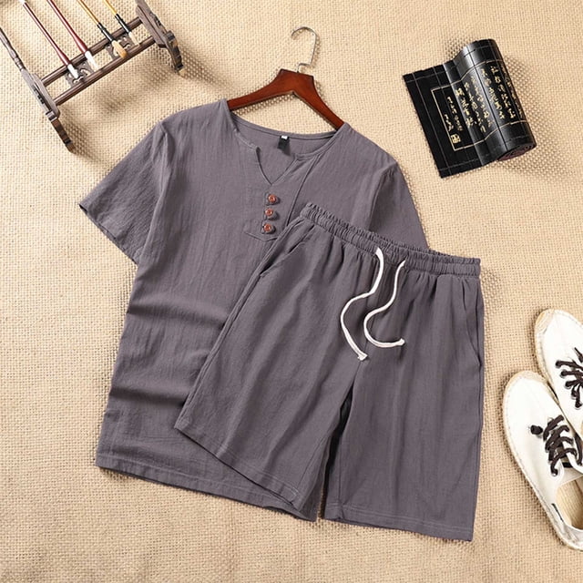 Weiqiqre Men's 2 Piece Outfits Linen Set Short Sleeve Shirt Top and Drawstring Waist Vacation Short Sets