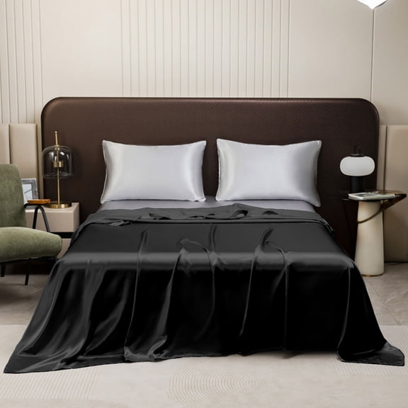 AuroraX Black Bed Sheets Silk Twin-XL Size Flat Sheets Sold-Separately,Solid Cooling Single Bed Sheet for Summer Air-Conditioned Room