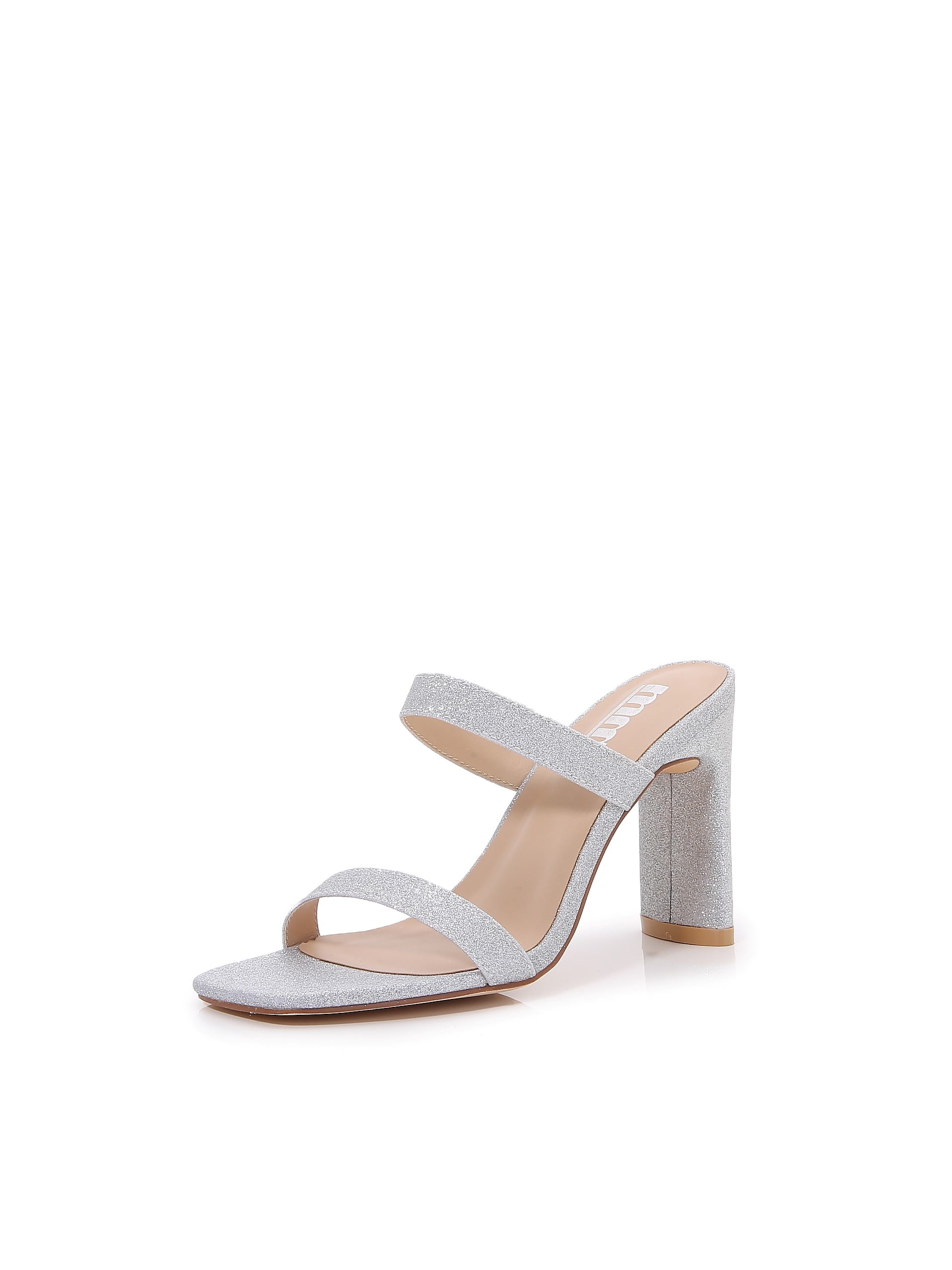Women Double Strap High Chunky Heeled Slip On Slide Sandals (Double Glitter Silver, 10)