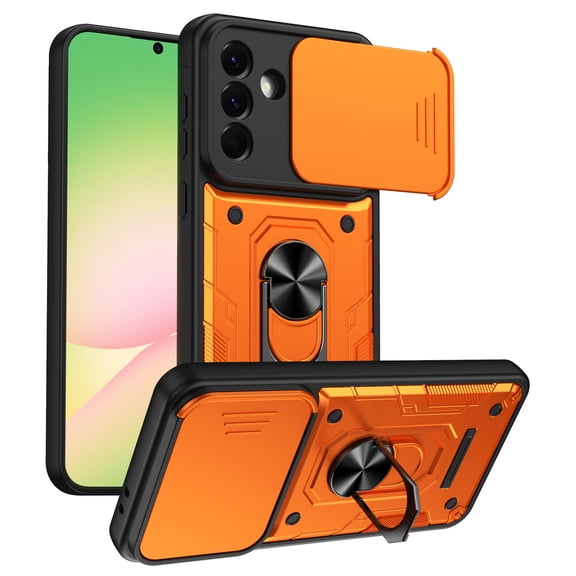 ELEHOLD Rugged Case for Samsung Galaxy A37, Military Grade Shockproof Cover with 360 Ring Stand, Slide Lens Protector,Orange