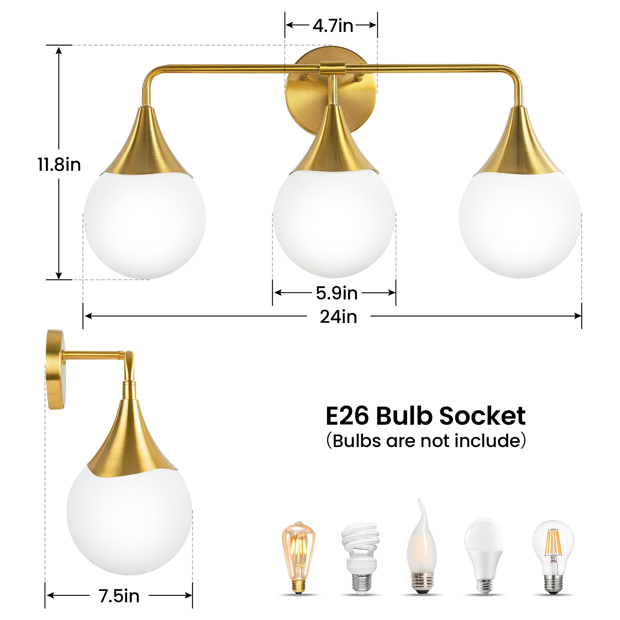 Bathroom Vanity Light 3 Lights Bathroom Lighting Fixtures Over Brushed Gold Wall Sconces with Frosted Globe Glass for Hallway Restroom