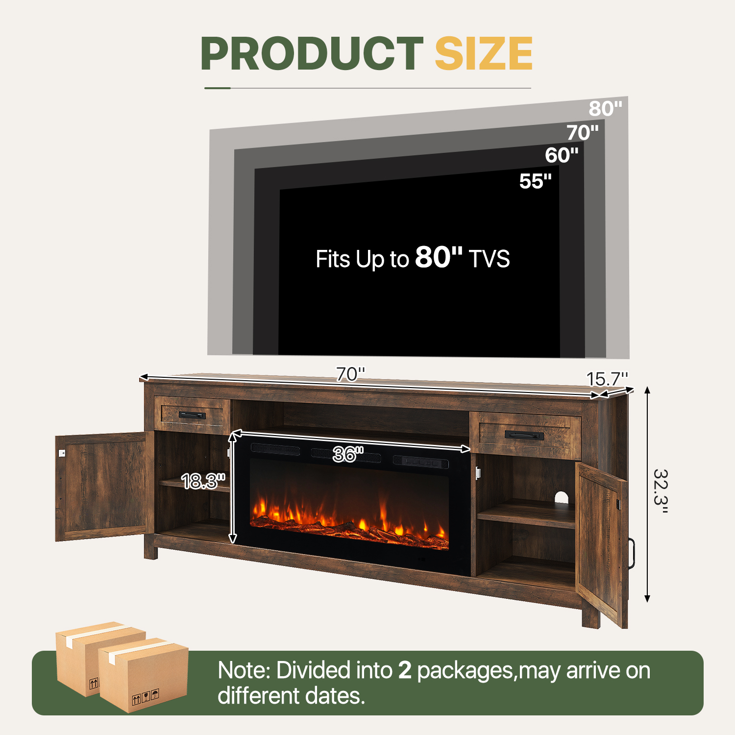 BaPiPro 70" Electric Fireplace TV Stand, Farmhouse Entertainment Center for TVs up to 80" with Storage Drawers, Rustic Brown