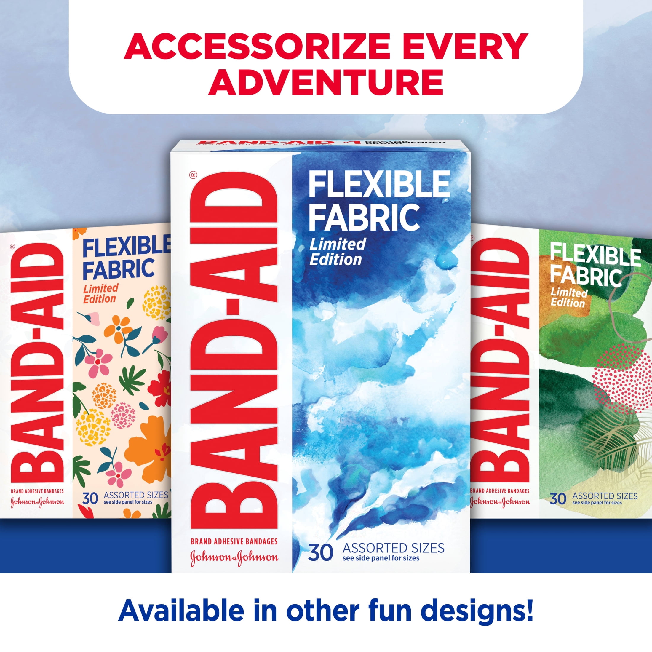 (3 pack) Band-Aid Brand Flexible Fabric Bandages, Water Color, Assorted, 30 Count