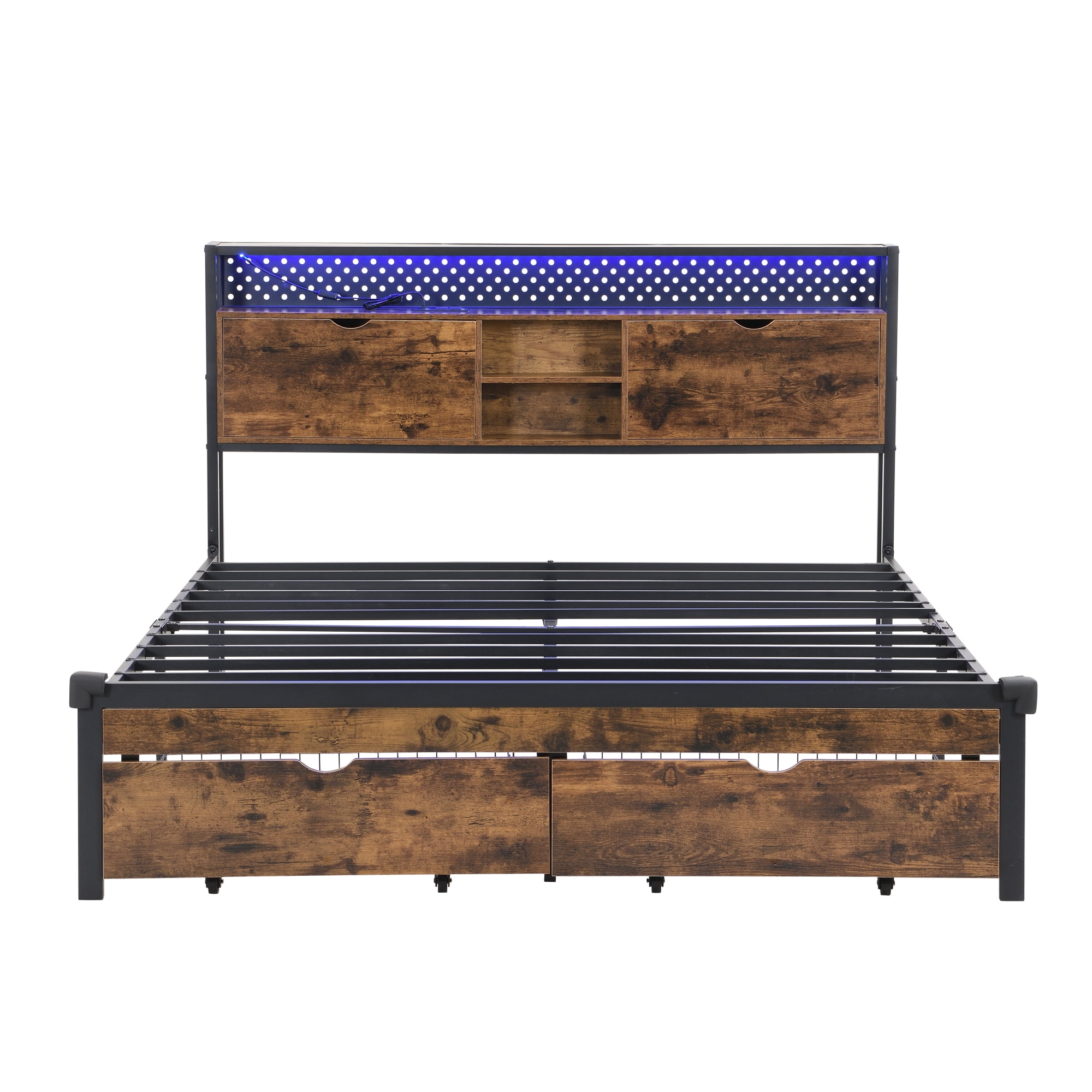 Leumius Queen Size Bed Frame with LED Lights, Industrial Platform Bed with Charging Station & 2 Drawers & Storage Shelf, Queen
