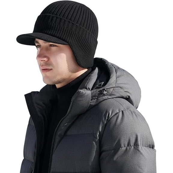 Fleece Lined Beanie with Brim & Ear Flaps - Winter Hat for Men Women, Stretchy Knit Cap, Unisex Cold Weather Ear Protection(black)-dh