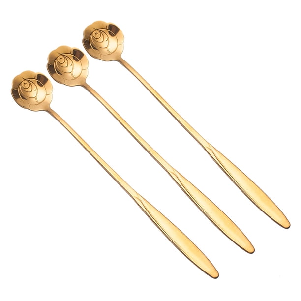 3 cucharas de acero inoxidable creativas de mango largo para pastel, con forma de pétalo, para mezclar café, miel, leche, té, cócteles y postres. Rosa (dorado).
