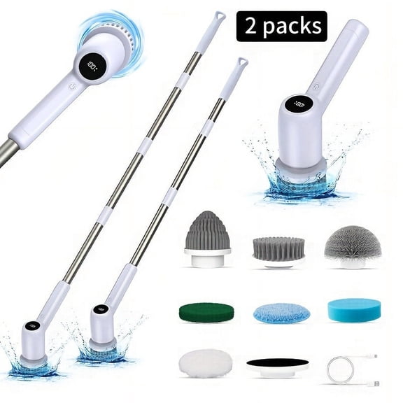 FXY01 2packs Electric Spin Scrubber  2024 Upgrade Cordless Shower Scrubber With 7 Replaceable Brush And Dual Speed  Adjustable & Detachable Long Handle  Electric Scrubber For Cleaning Gla