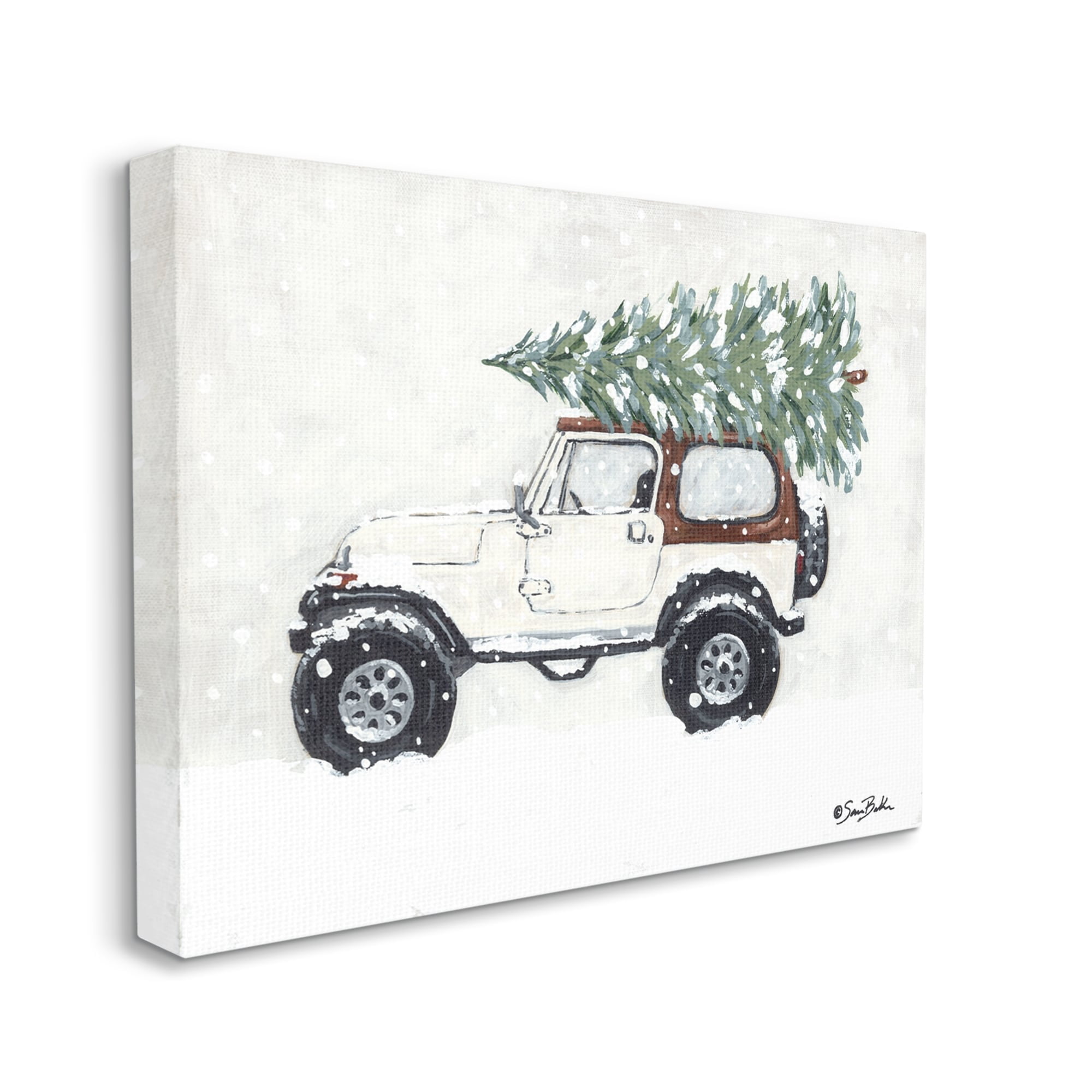 Snowy White Truck Carrying Fresh Christmas Tree Transportation Painting Gallery-Wrapped Canvas Print Wall Art