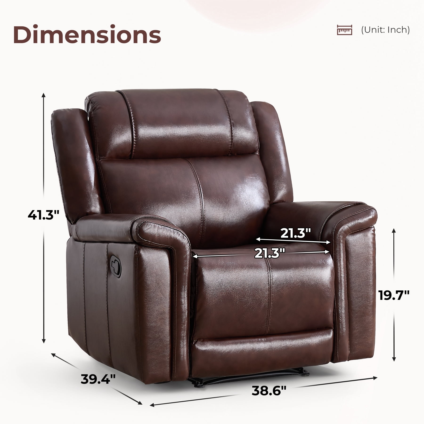 Ebello Genuine Leather Manual Recliner, Luxurious Modern Reclining Chair with Padded Headrest and Armrest for Living Room, Home Theater, Office, Brown