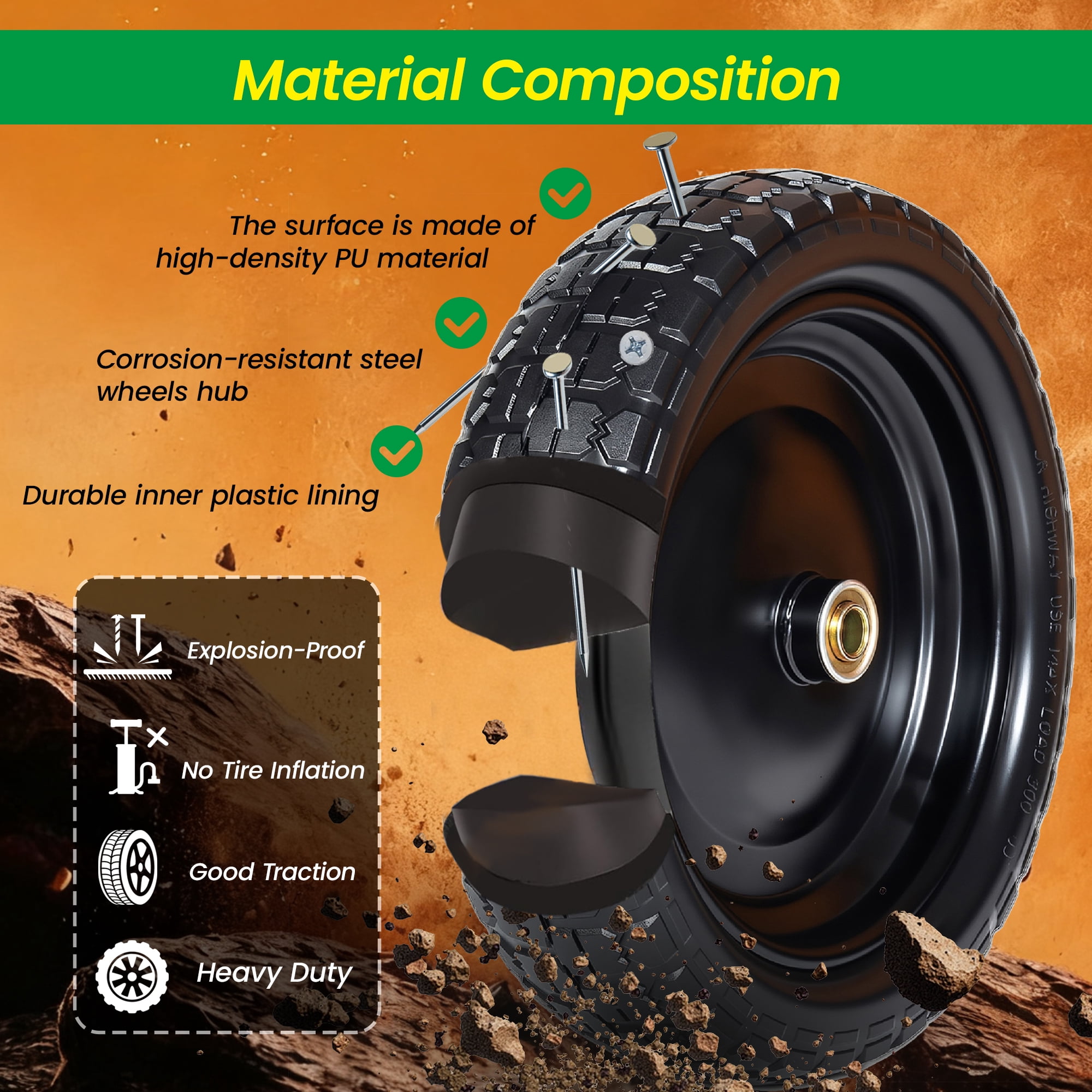 Leumius Set of 2 13" Solid Rubber Tires 4.00-6 Flat Free Wheels with 5/8" Bearings 2.2" Offset Hub Replacement for Hand Truck Wheelbarrow Garden Wagon Dolly Trailer Utility Cart