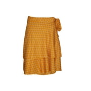 Mogul Magic Wraps Skirt Yellow Printed Two Layer Reversible Silk Sari Mini  Skirt …