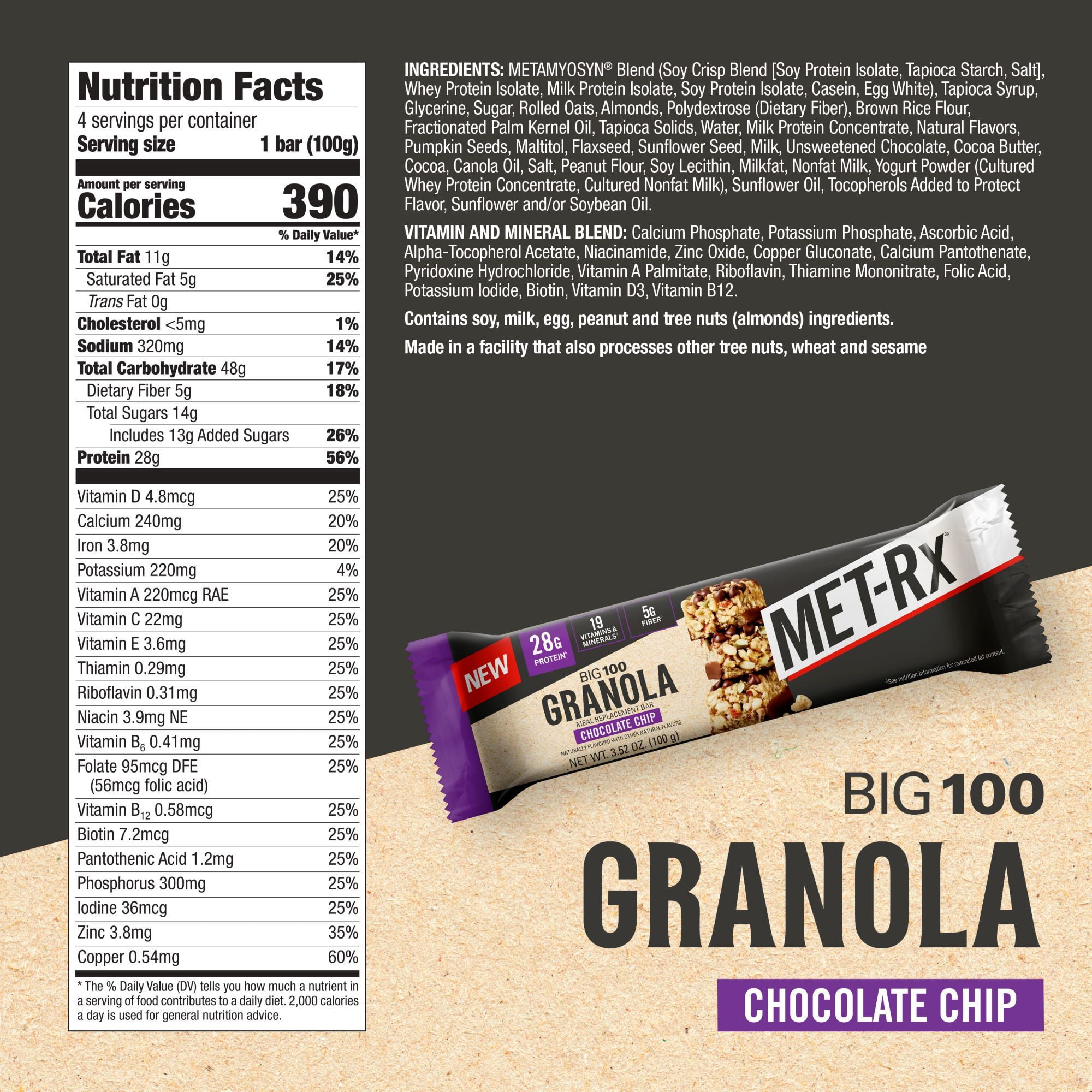 MET-Rx Big 100 Protein Bars, Granola Chocolate Chip Meal Replacement Bars, 4 Ct