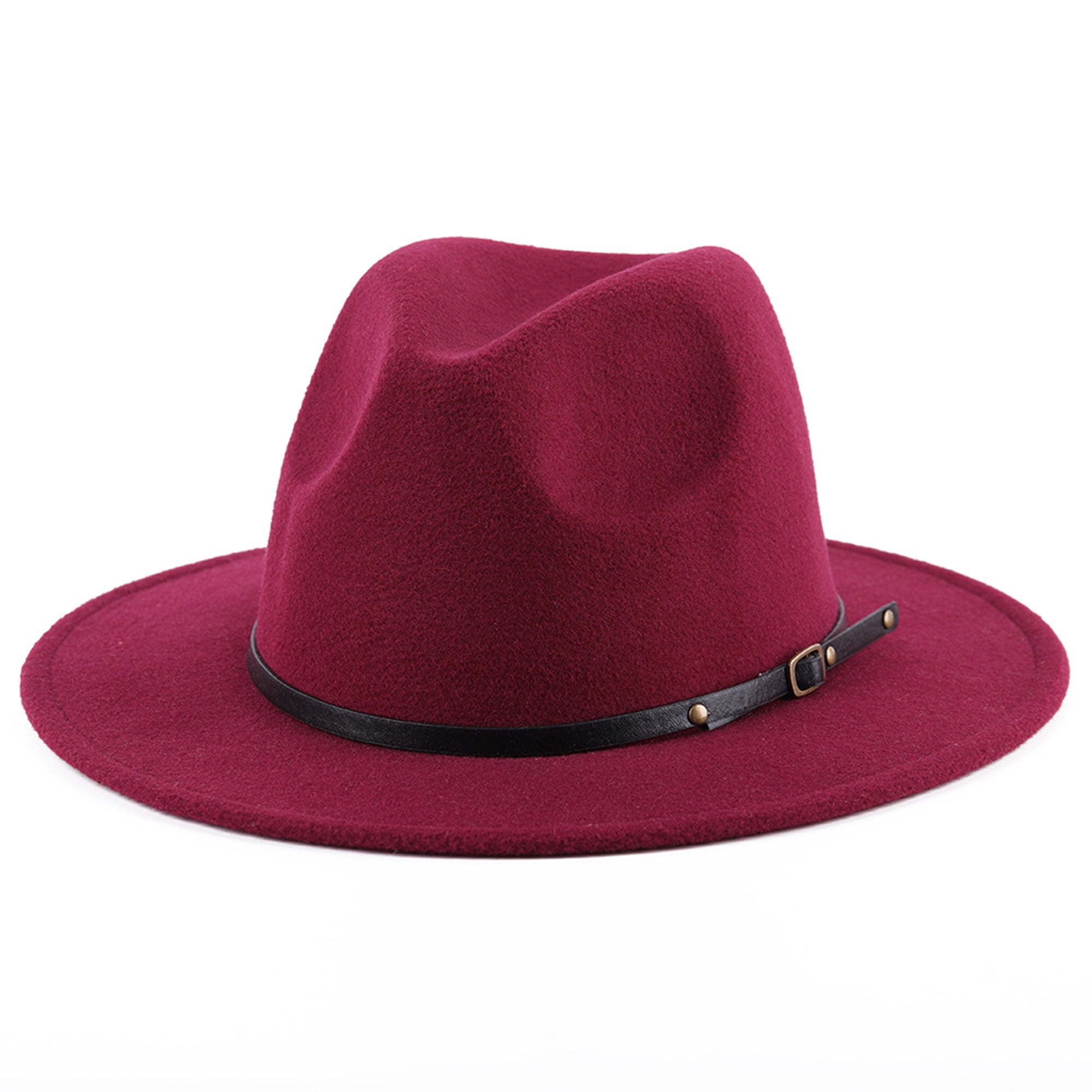 Men & Women Classic Wide Brim Fedora Hat with Belt Buckle Wool Felt Panama Fedora M/L 