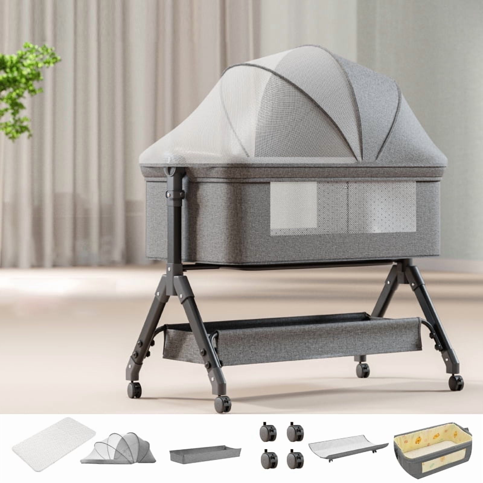 Baby Bassinet, Bedside Bassinet for Baby, 4 in 1 Portable Bedside Sleeper Rocking Crib with Wheels, Mosquito Net & Storage Basket, 6 Height Adjustable, Grey