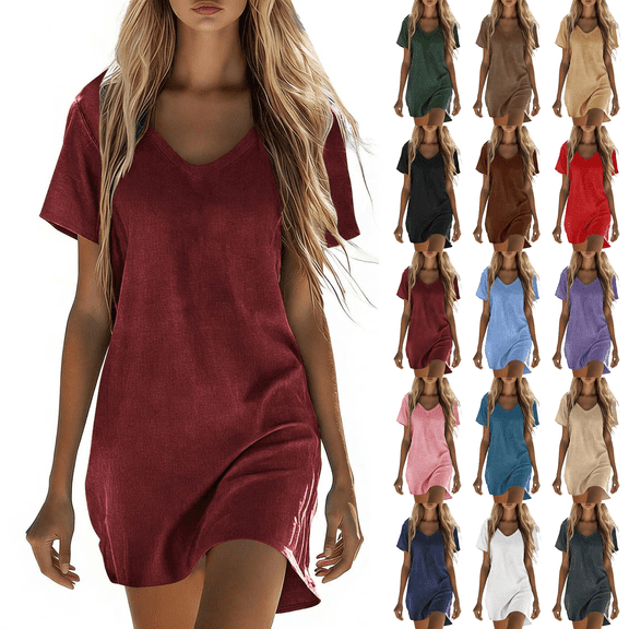 Linen Dresses for Women Plus Size V Neck Short Sleeve Comfortable Solid Color Vacation Casual Mini T Shirt Dress S-5XL