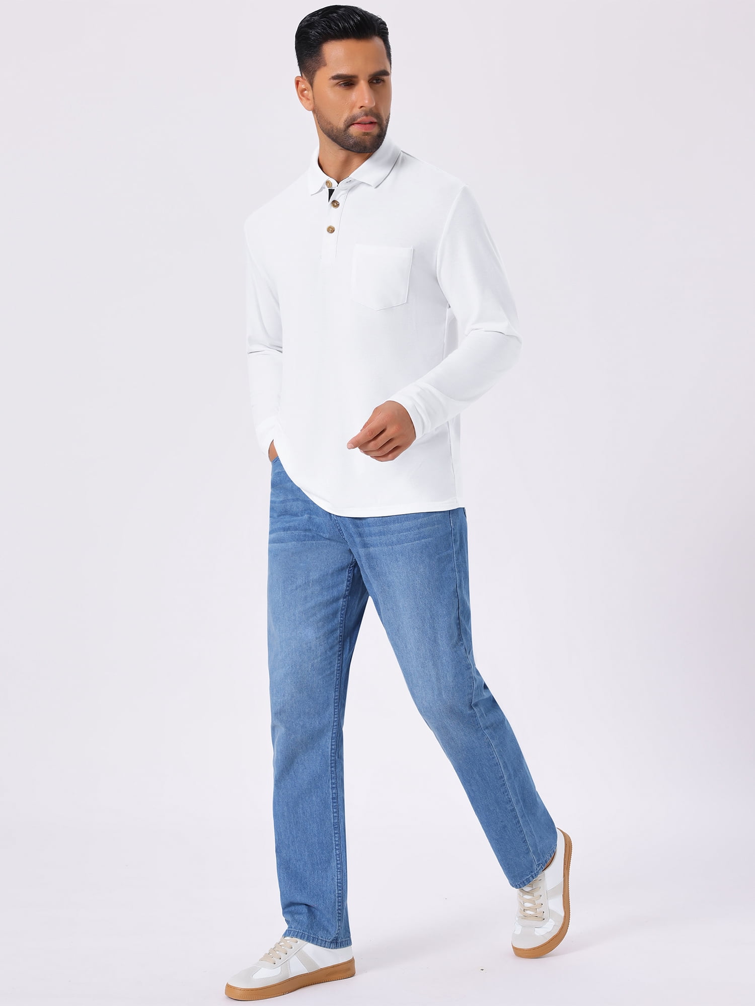 DARING DIVA Men's Contrast Button Collared Long Sleeves Golf Polo T-Shirts 2XL White