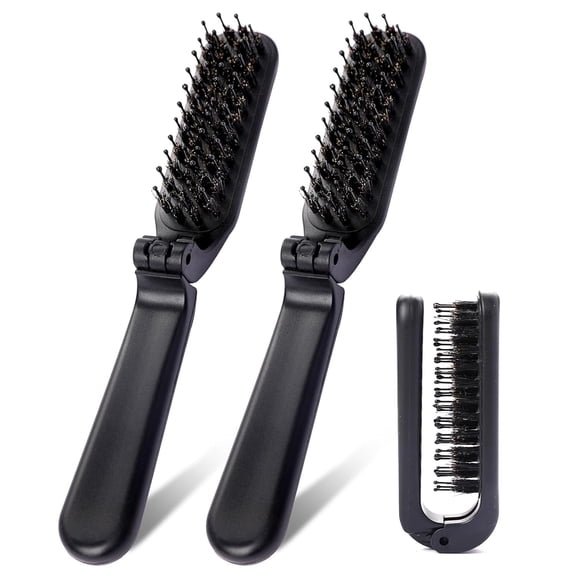 OPALESQUE 2 Pack Foldable Brush for Purse, Small Portable Travel Hair Brush with Natural Boar Bristle and Nylon Bristle,Folding Comb Mini Wet Hairbrush Compact Pocket Brush for Car Gym Bag Locker