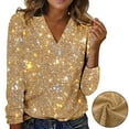 thumbnail image 2 of Oversized Tshirts for Women Glitter Sequin V Neck Top - Long Sleeve Casual Elegant Pullover Tee Nylon Spandex Blend Night Out Style Tshirts Shirts for Women Comfort Colors Tshirt, 2 of 9