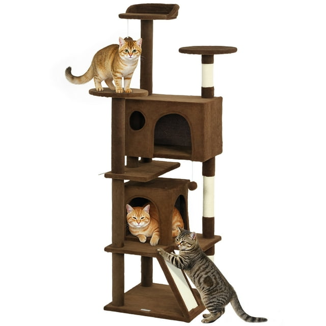 PawHut 54" Cat Tree Tower with Scratching Posts, Cat Condos, Light Brown