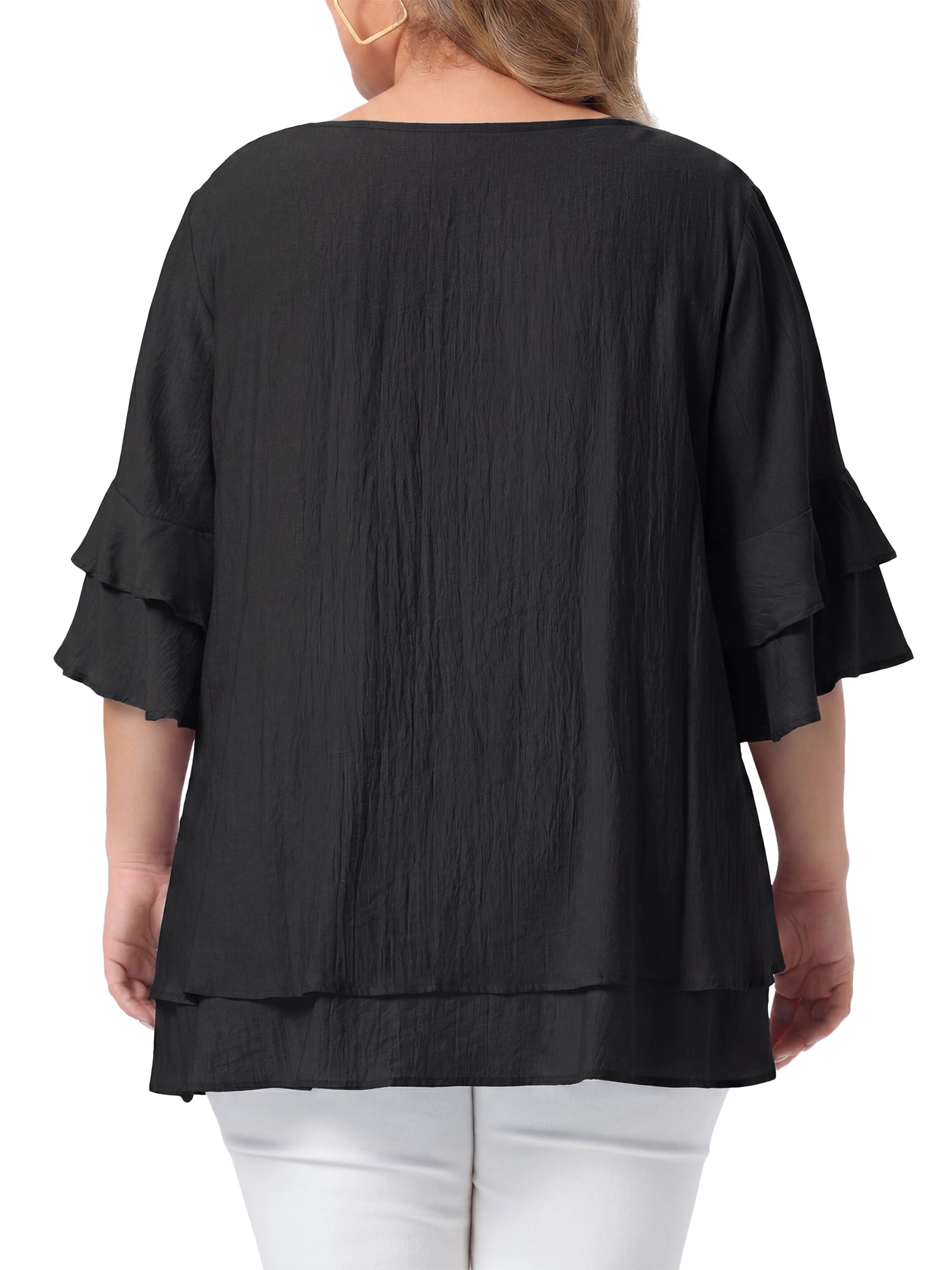DARING DIVA Women's Plus with Crew Neck and Ruffle Half Tops 3X Black